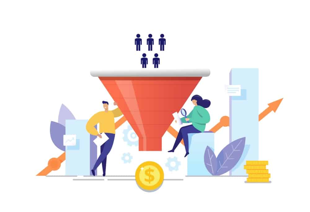 B2B sales team reviewing B2B sales funnel stages on strategy whiteboard