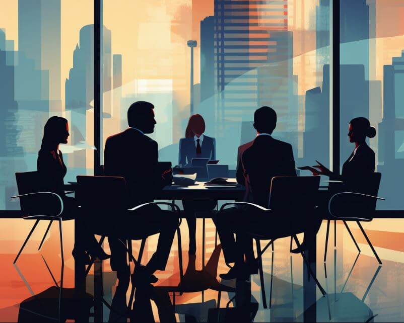 B2B sales team reviewing sales collateral during meetings to align buyer committee decisions