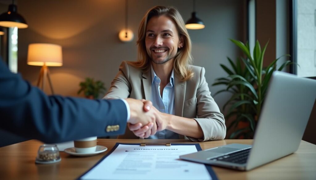Account executive closing techniques illustrated by AE presenting proposal to buying committee