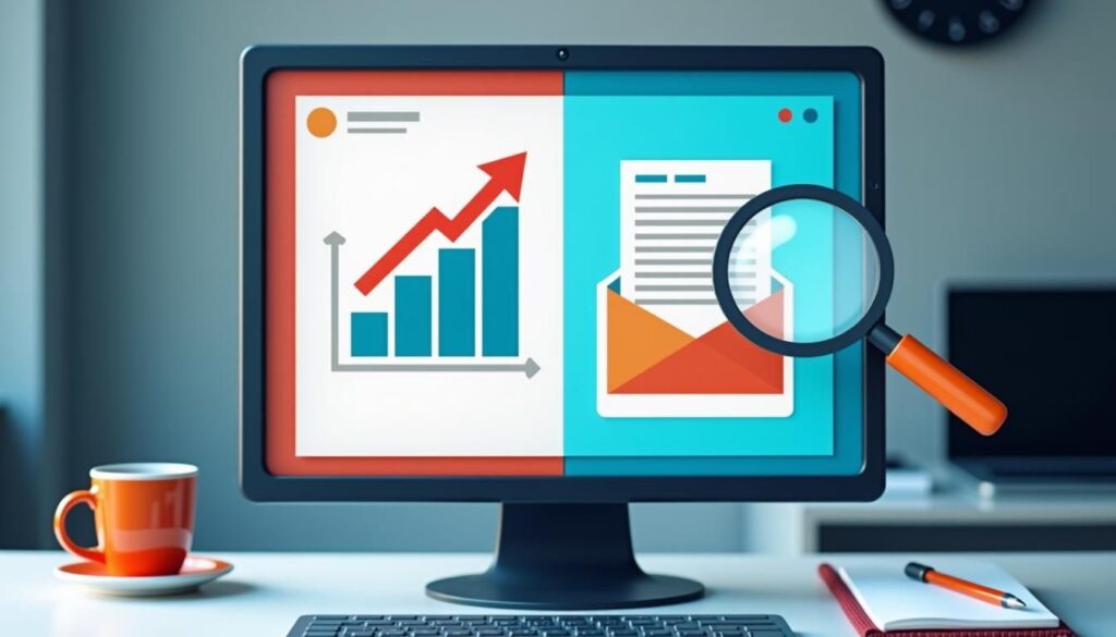 B2B marketer reviewing A/B testing B2B emails results and open rate metrics dashboard