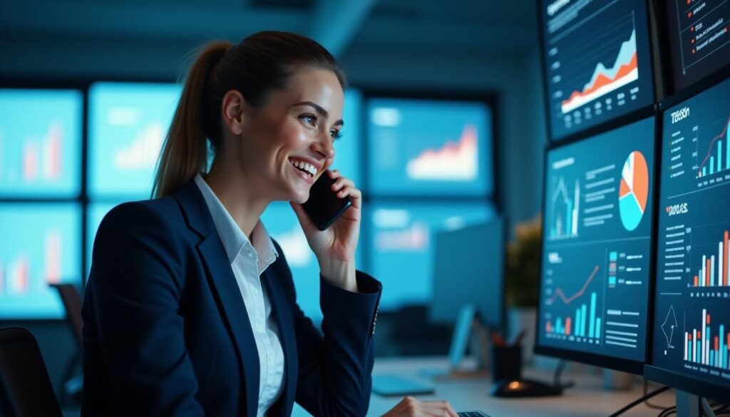 B2B sales rep using cold calling scripts on laptop while dialing prospects in office