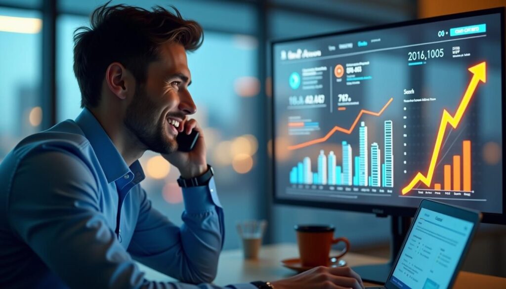B2B sales rep calling leads while reviewing cold calling and SEO performance dashboard