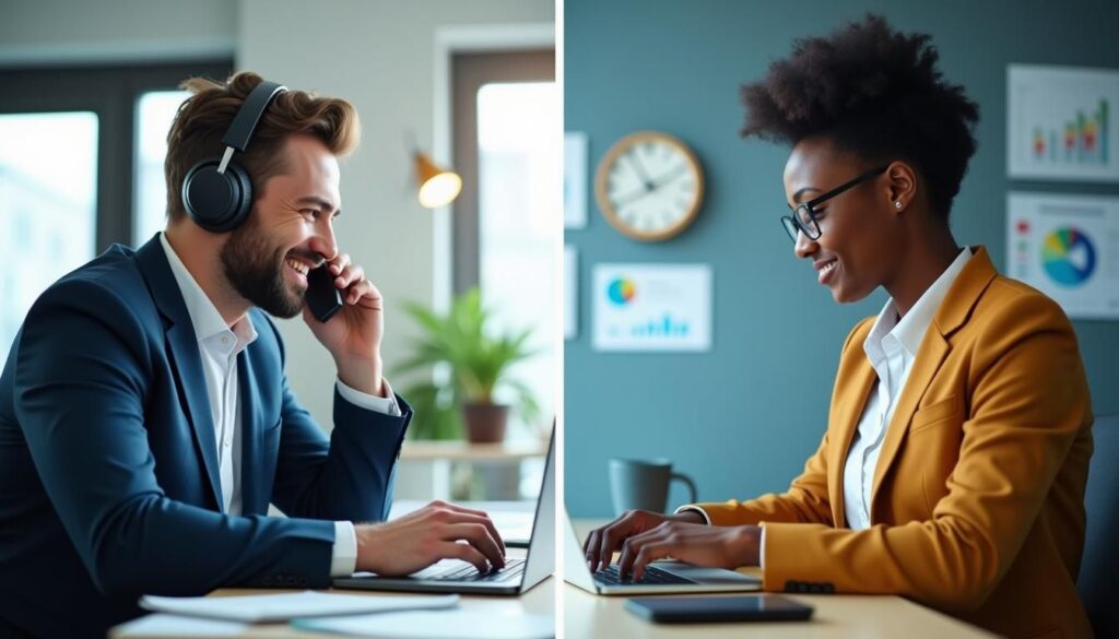B2B SDR comparing cold calling vs email outreach performance on laptop dashboard
