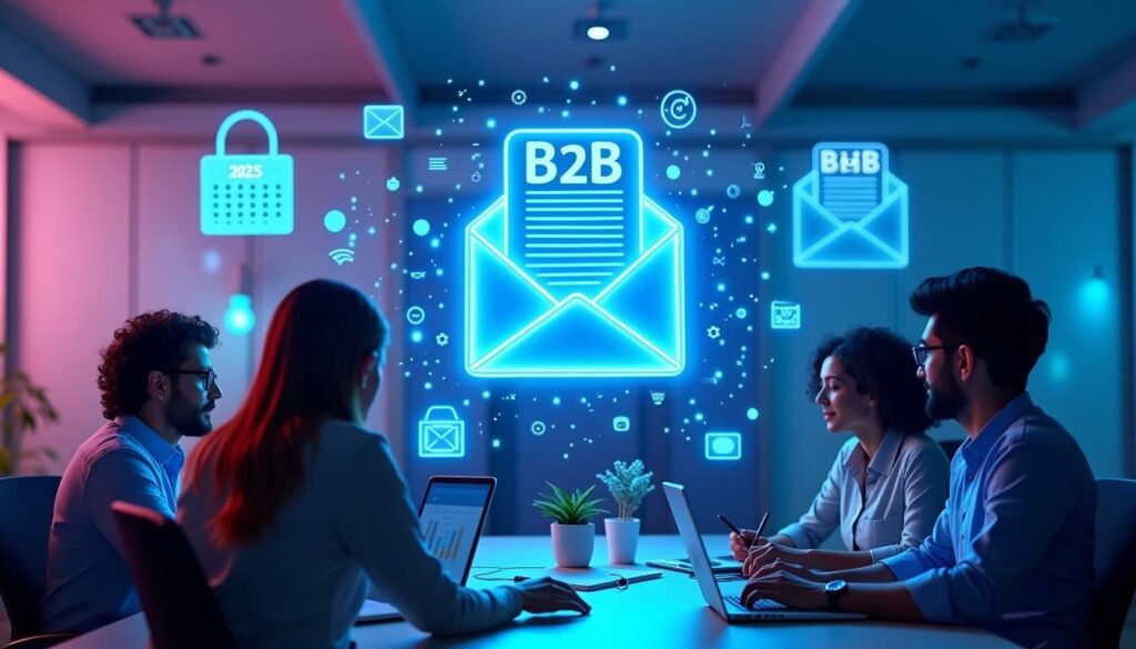 Marketing team planning content creation for B2B email newsletters with analytics dashboard and AI tools