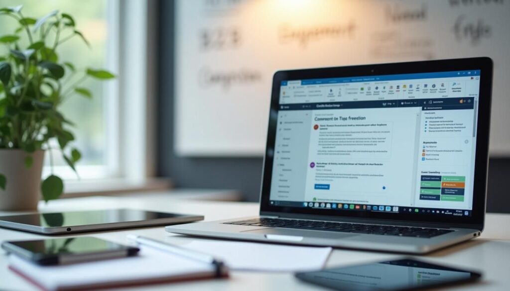 B2B team reviewing B2B copywriting platforms across CMS, email, LinkedIn, and analytics dashboard