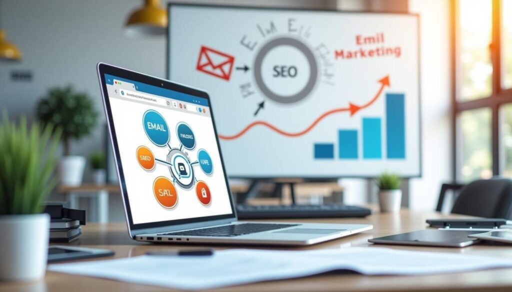 B2B team reviewing B2B email marketing landing pages SEO and conversion performance dashboard
