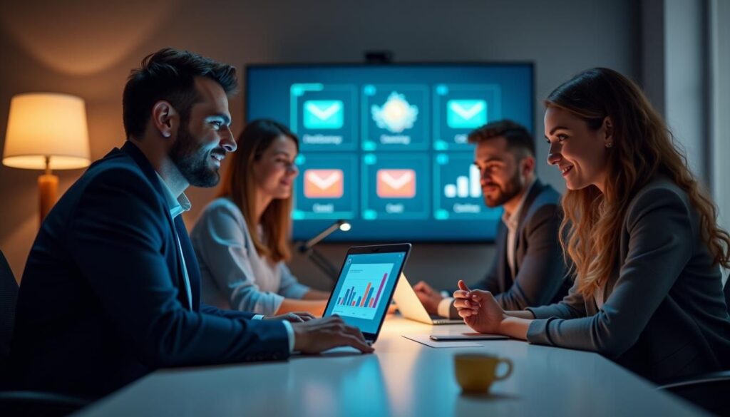 B2B email marketing engagement strategy shown on laptop with performance metrics dashboard