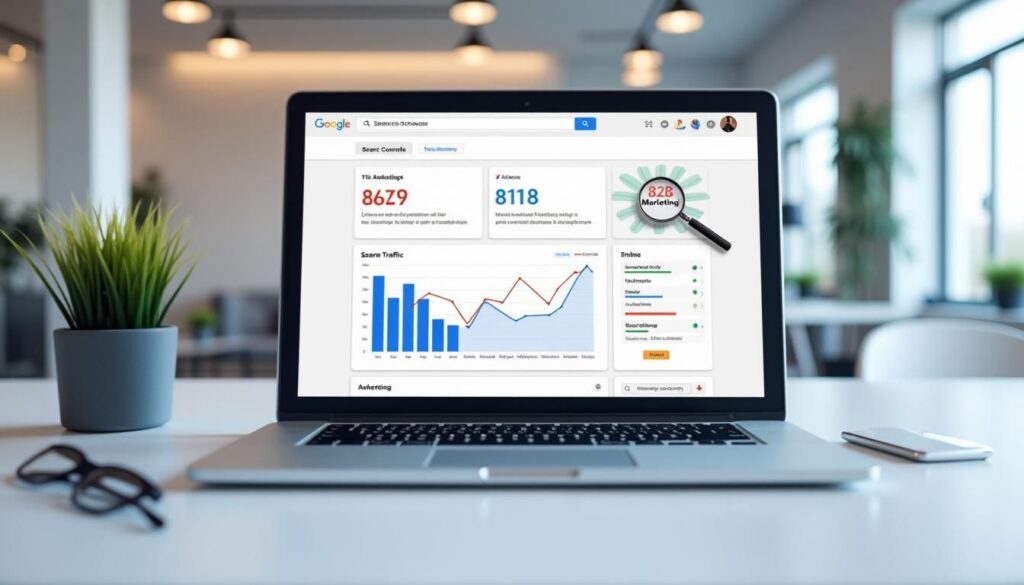 B2B marketer reviewing Google Search Console SEO hacks for B2B marketers on laptop dashboard