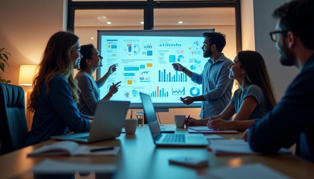 Team reviewing content creation that drives B2B lead generation strategy and analytics dashboard