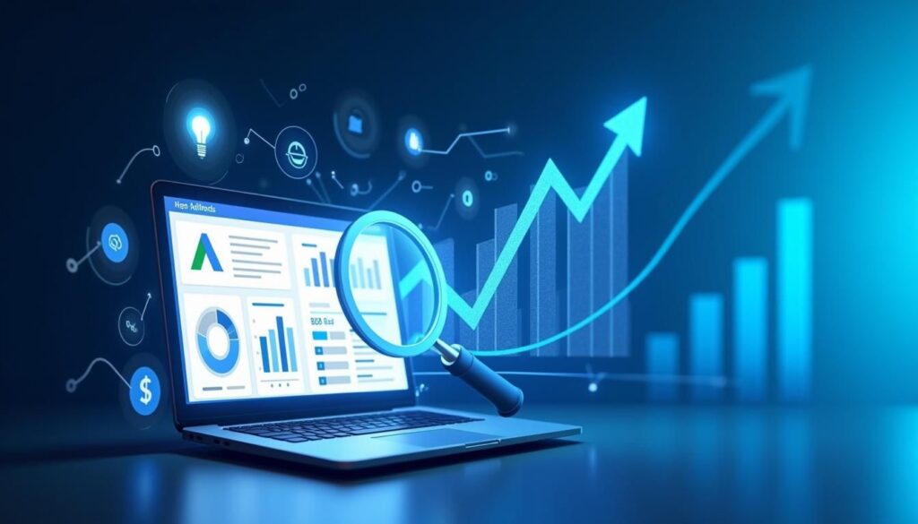 Marketing team reviewing Google AdWords for B2B lead generation campaign performance dashboard