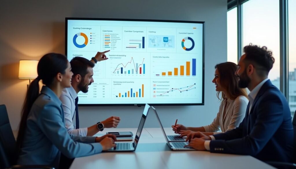 B2B sales team reviewing dashboard, applying CRMs for B2B sales best practices