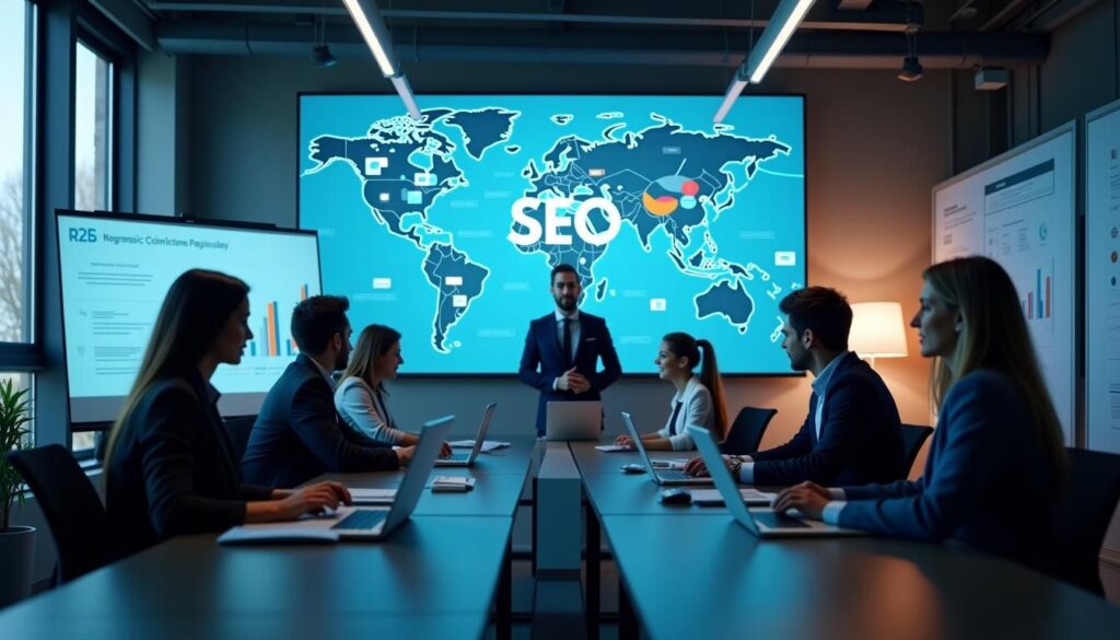 B2B sales team reviewing growth metrics after B2B SEO outsourcing to experts