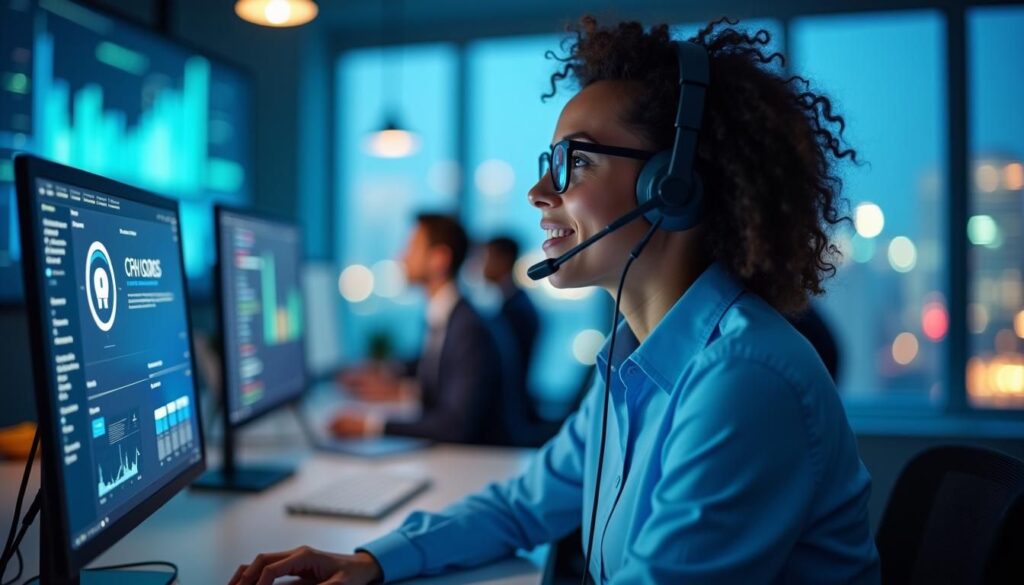 B2B sales team using power dialer for B2B cold calling on laptops and headsets
