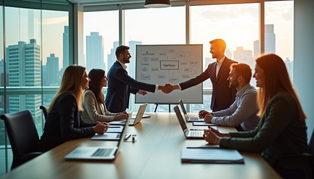 Trends in B2B client relationships and trust building shown in digital sales partnership meeting