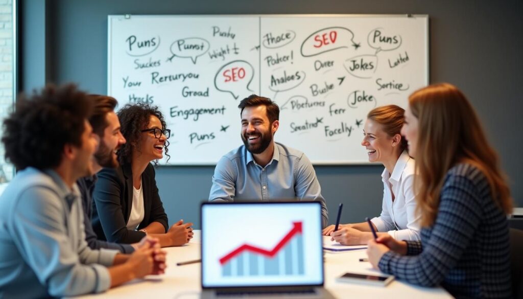 B2B marketing team using humor in SEO content while reviewing blog performance analytics