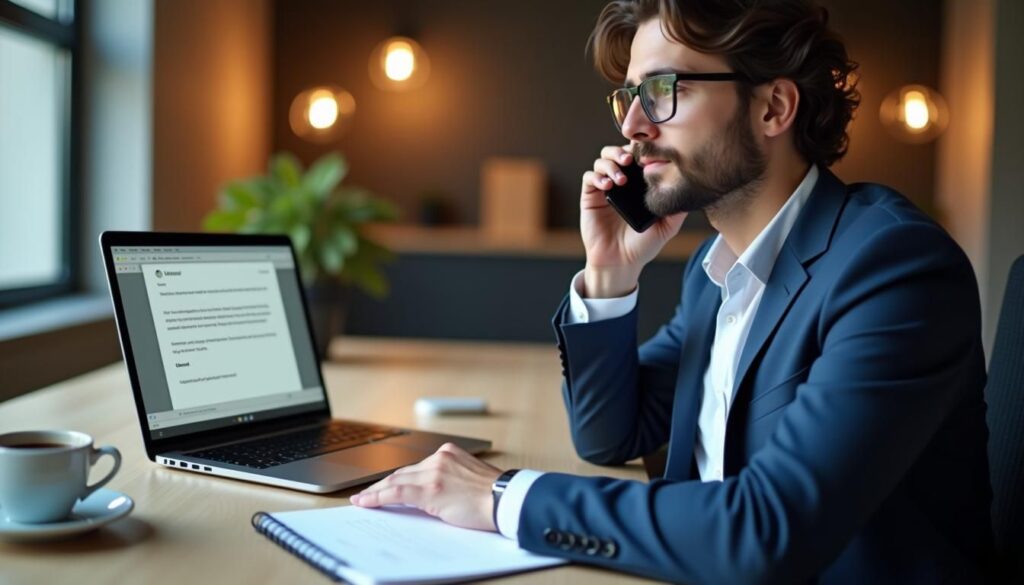 Sales rep using cold calling openers that pair with email follow ups on laptop and phone