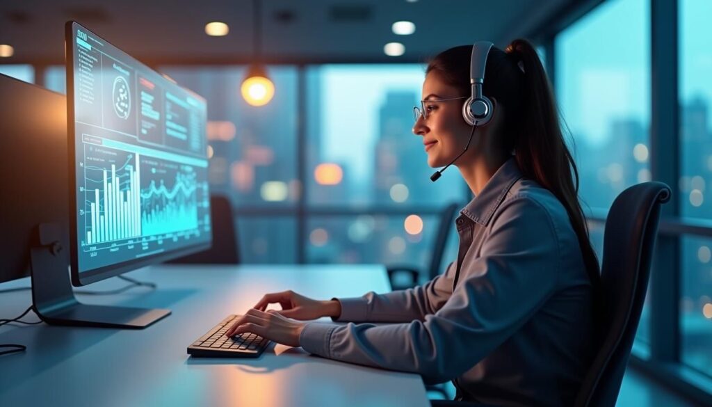 SDR using headset reviewing dashboard with cold calling strategies for B2B meetings