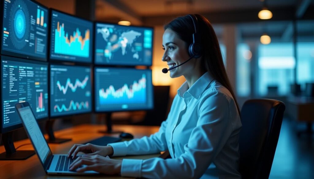 SDR using cold calling technology dashboard and headset to boost call efficiency