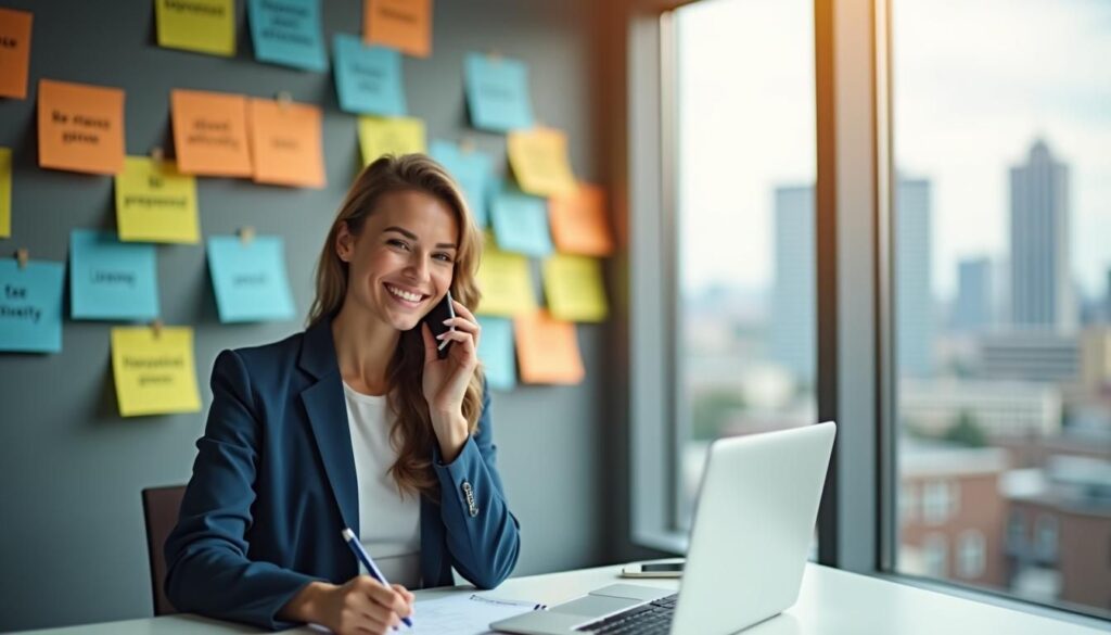 B2B sales rep writing a cold call script with objection handling tips on laptop