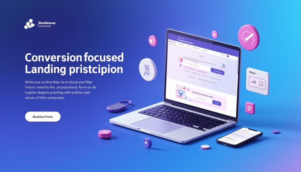 B2B marketer designing landing pages that convert on laptop with conversion metrics dashboard