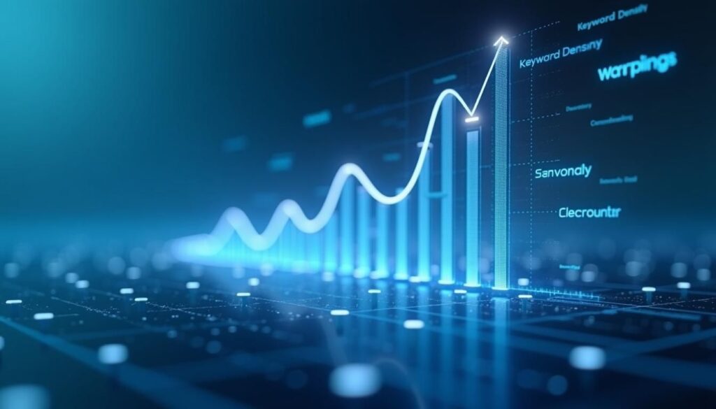 B2B marketer reviewing keyword density and SEO optimization metrics on laptop dashboard
