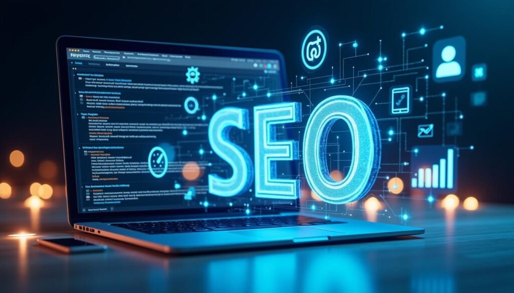 B2B marketing team comparing SEO-friendly landing page builders on laptop and analytics dashboard
