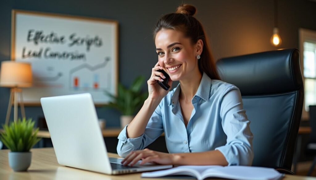 B2B SDR on phone using cold calling for lead gen script on laptop