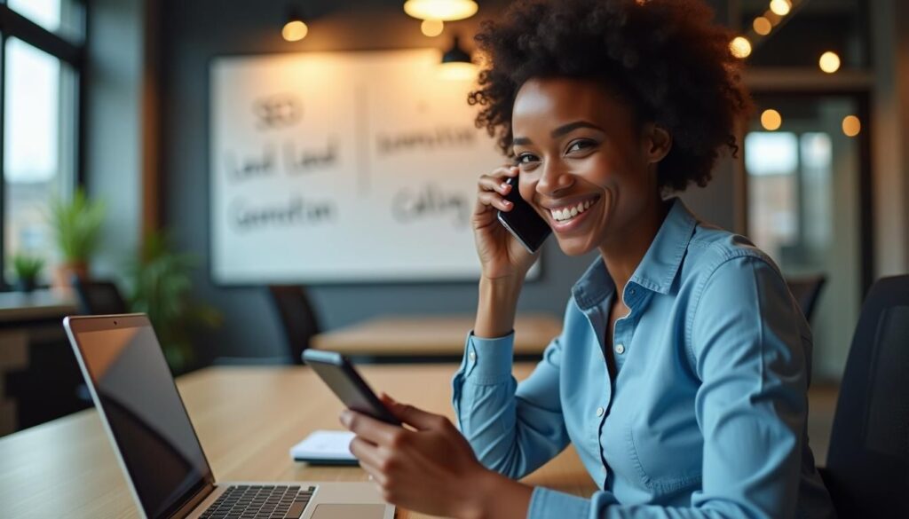 B2B salesperson using SEO intent data to craft cold calling openers on laptop