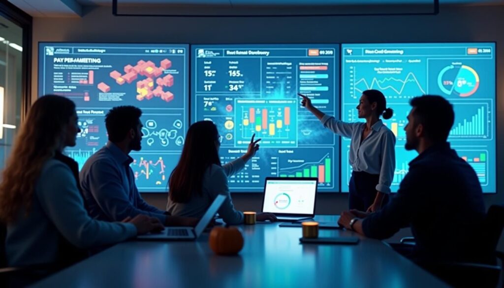 B2B sales team reviewing pay-per-meeting model pipeline metrics and booked meetings dashboard