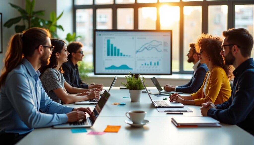 B2B sales team reviewing meeting setting companies SEO strategies on analytics dashboard