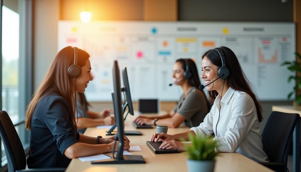 B2B sales team outsourcing cold calling to the Philippines with call center agents on headsets