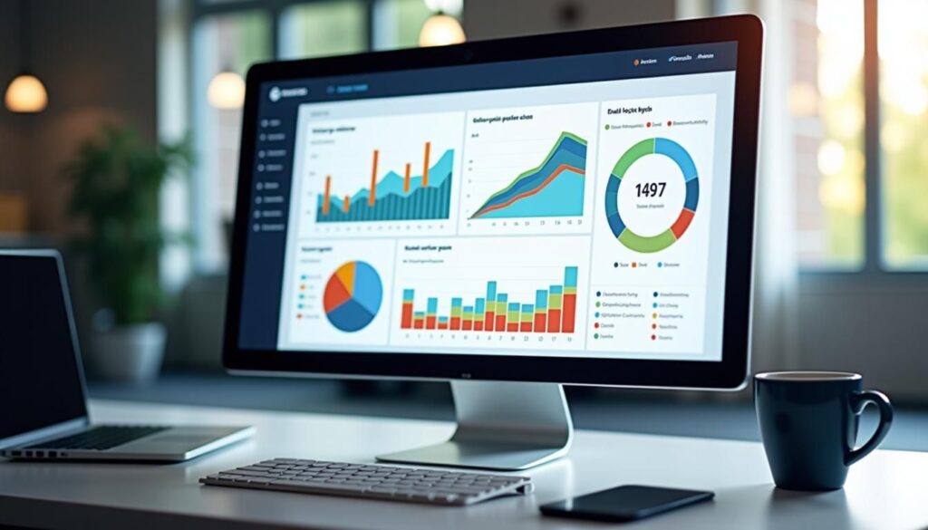 Sales team reviewing sales analytics B2B email performance metrics on laptop dashboard