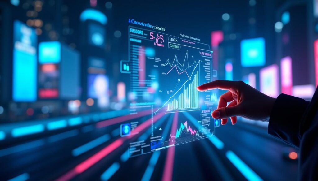 B2B sales team reviewing innovative sales platforms dashboard with AI-driven revenue insights