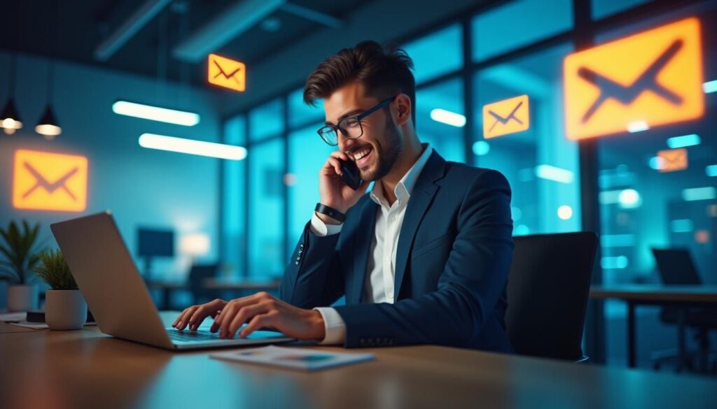 B2B SDR using phone and laptop to execute sales outreach strategies with calls and emails