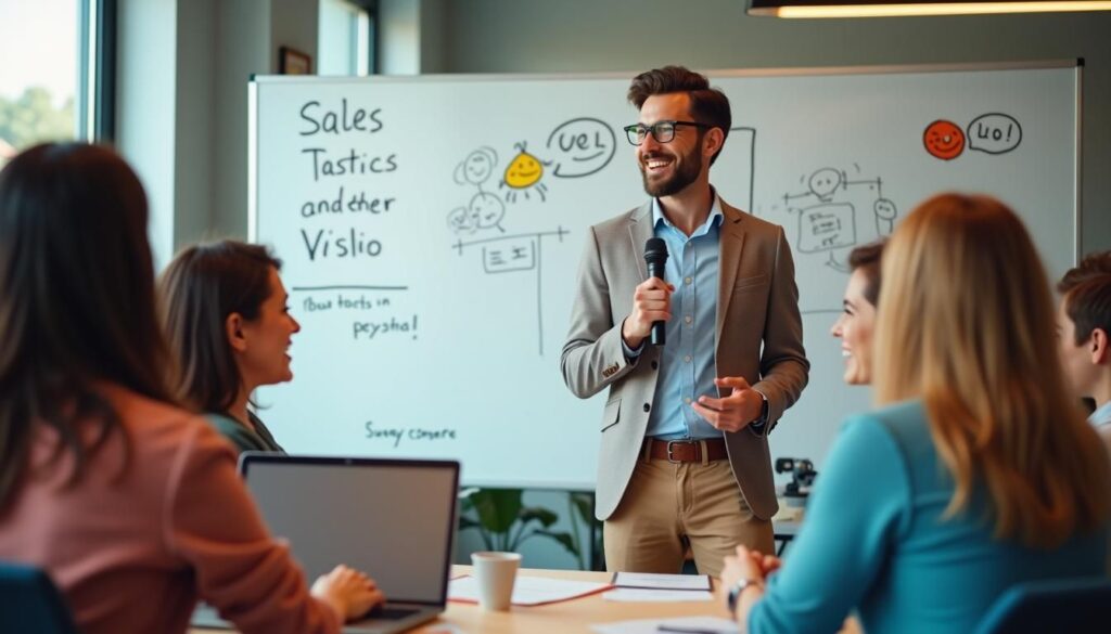 SDR writing funny subject lines on laptop, using humor in sales outreach strategy