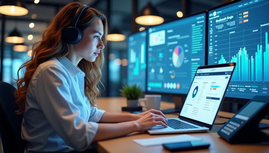 Sales rep using CRM for cold calling with call queue and dialer dashboard