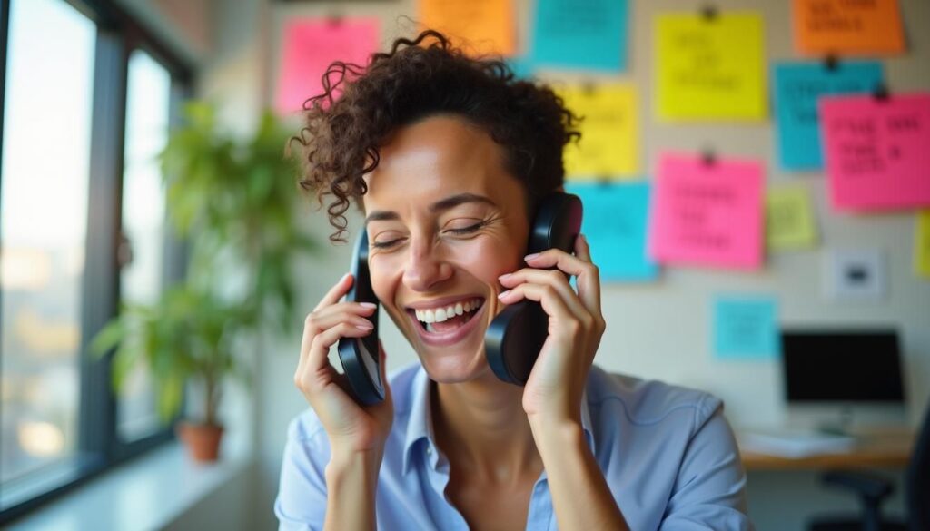B2B sales rep smiling on headset, using humor in cold calling script notes